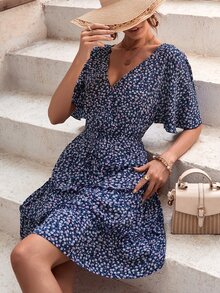 SHEIN VCAY Ditsy Floral Print Butterfly Sleeve Ruffle Hem Dress - Blue - View 7