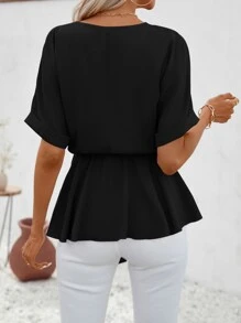 SHEIN LUNE Solid Batwing Sleeve Belted Blouse - Black - View 2
