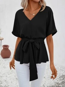 SHEIN LUNE Solid Batwing Sleeve Belted Blouse - Black - View 3