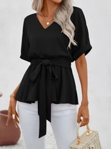 SHEIN LUNE Solid Batwing Sleeve Belted Blouse - Black - View 4