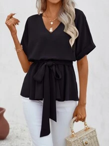 SHEIN LUNE Solid Batwing Sleeve Belted Blouse - Black - View 5