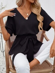 SHEIN LUNE Solid Batwing Sleeve Belted Blouse - Black - View 6