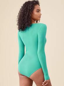 SHEIN BASICS Scoop Neck High Leg Solid Bodysuit - Green - View 2