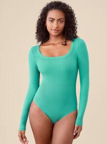 SHEIN BASICS Scoop Neck High Leg Solid Bodysuit - Green - View 3