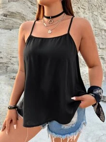 SHEIN Essnce Áo hai dây Plus Size Tương phản ren màu trơn Giải trí - màu đen - Xem 4