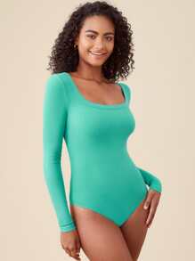 SHEIN BASICS Scoop Neck High Leg Solid Bodysuit - Green - View 5