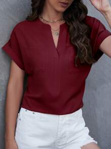 EMERY ROSE Áo sơ mi nữ Túi màu trơn Giải trí - Màu Đỏ Sâu - Xem 1