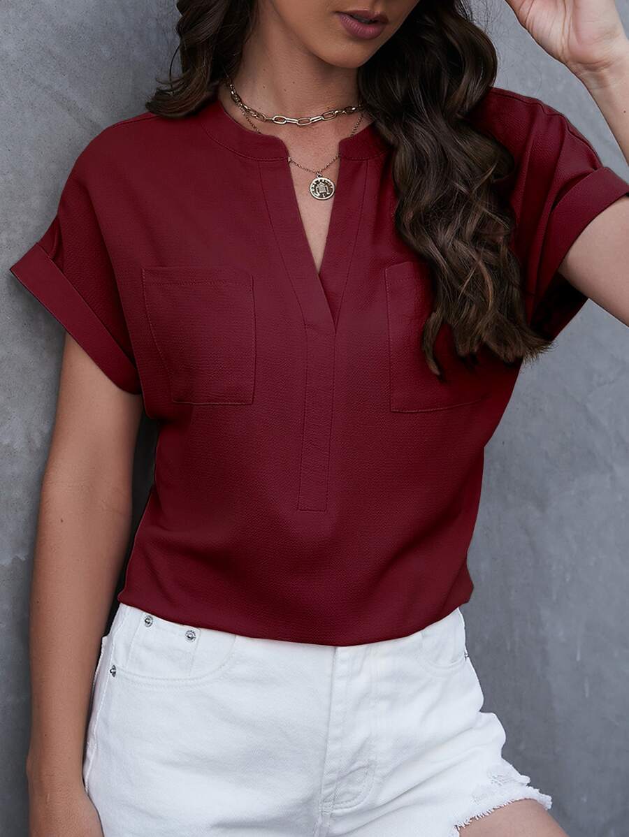 EMERY ROSE Áo sơ mi nữ Túi màu trơn Giải trí - Màu Đỏ Sâu - Xem 1