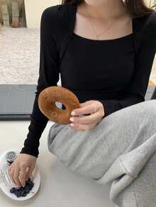 Camiseta unicolor de cuello cuadrado - Negro - Ver 3