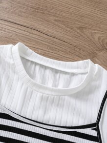 SHEIN Girls Striped Print Ruffle Hem 2 In 1 Tee - Black and White - View 3