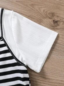 SHEIN Girls Striped Print Ruffle Hem 2 In 1 Tee - Black and White - View 6