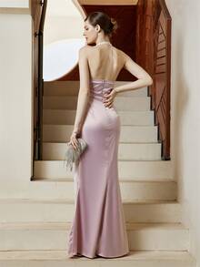 垂墜露背緞面掛脖連衣裙 - 淺粉色 - 查看 2