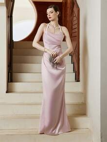 垂墜露背緞面掛脖連衣裙 - 淺粉色 - 查看 4