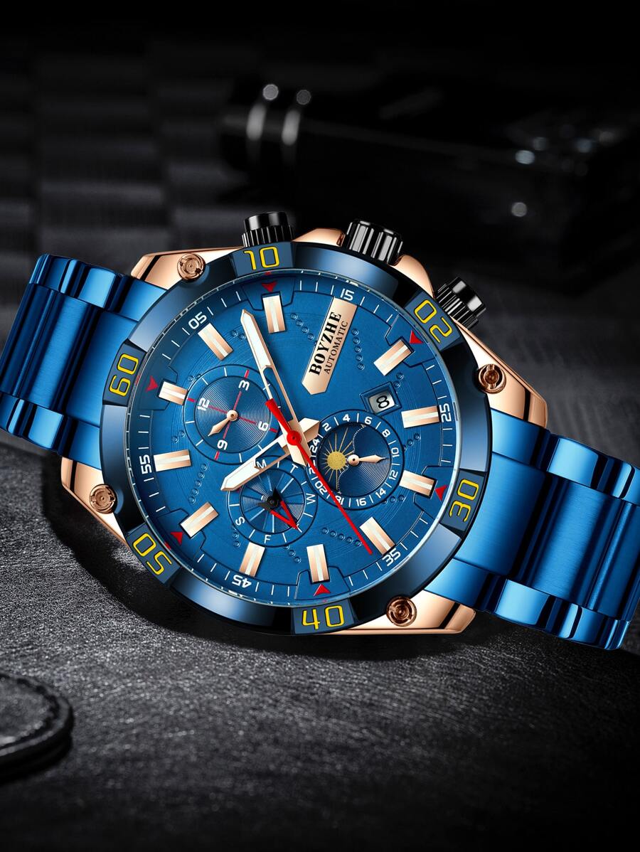 BOYZHE Men Calendars Moon Phase Display Mechanical Watch - Blue - View 1