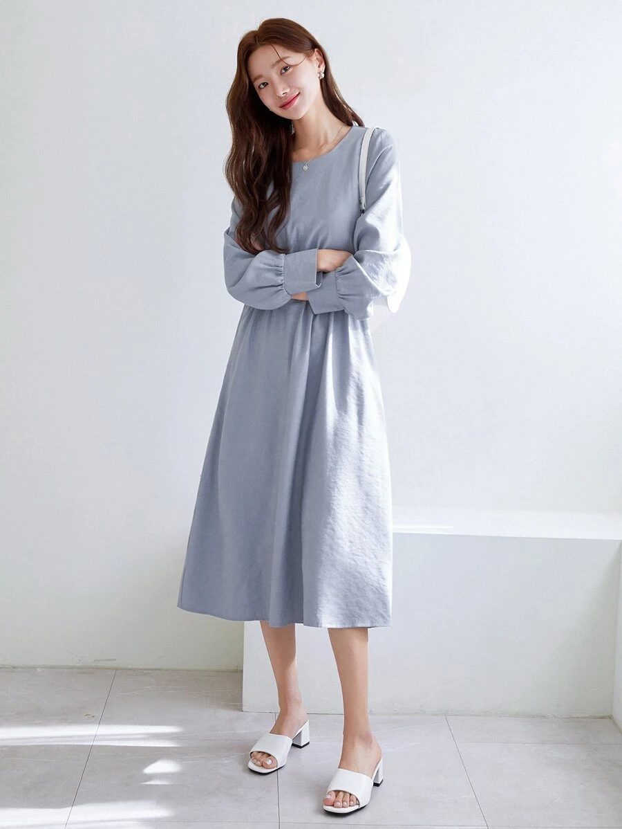 DAZY Solid A-line Dress - Dusty Blue - View 1