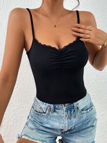 SHEIN Privé Spring Break Lace Trim Ruched Bust Black Cami Top - Black - View 3