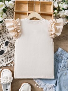 SHEIN Tween 女童杏色荷叶边肩部装饰盖袖紧身 T 恤，春夏 - 杏色 - 查看 2