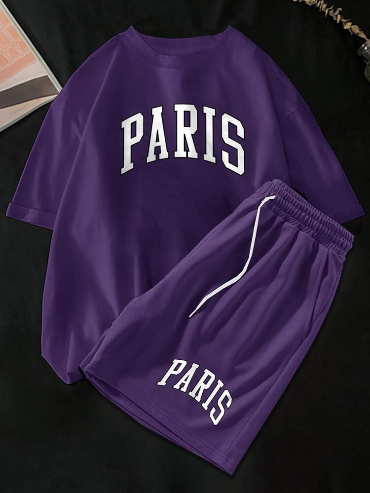 Men Letter Graphic Tee & Drawstring Waist Shorts