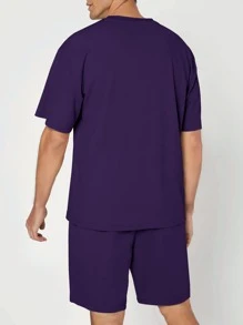 Manfinity EZcore Men Letter Graphic Tee & Drawstring Waist Shorts - Purple - View 2