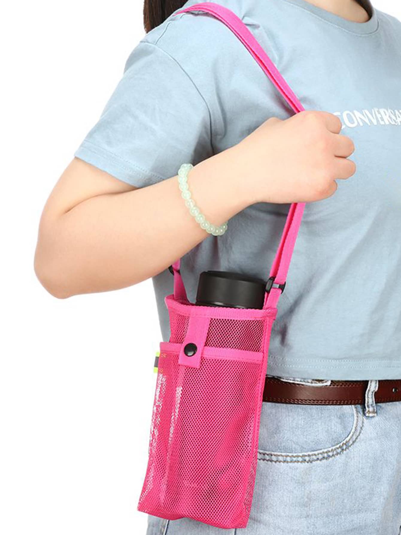 1入組帶掛繩粉紅色瓶蓋家用極簡布質隨行杯套 - 玫紅色 - 查看 1