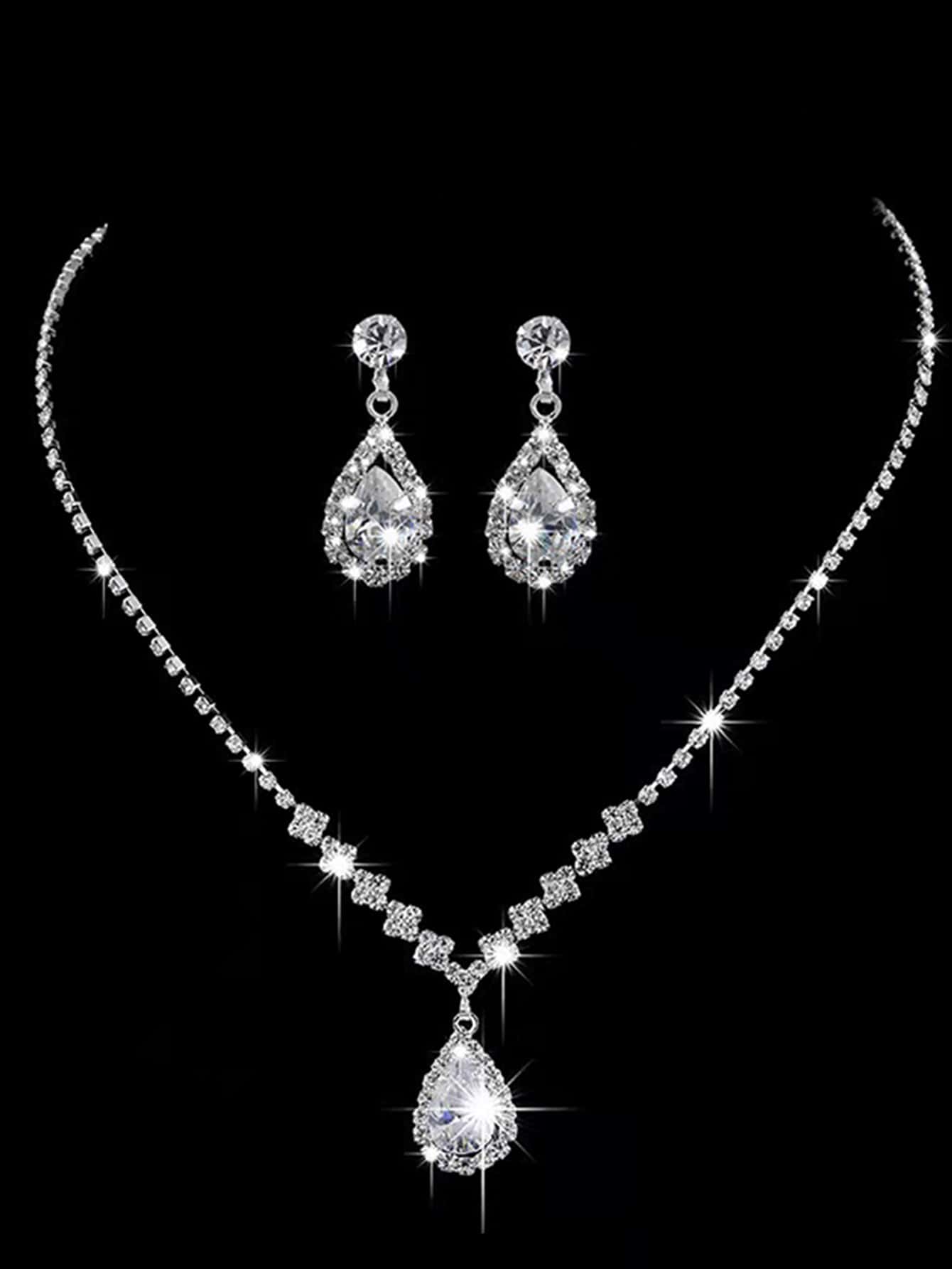 Vòng cổ mặt dây chuyền kim cương bạc có hoa tai - Bạc - Xem 1