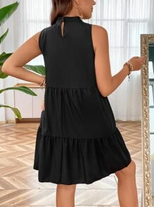 SHEIN LUNE Đầm Plus Size Viên lá sen màu trơn Dễ thương - màu đen - Xem 3