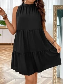 SHEIN LUNE Đầm Plus Size Viên lá sen màu trơn Dễ thương - màu đen - Xem 1