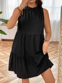 SHEIN LUNE Đầm Plus Size Viên lá sen màu trơn Dễ thương - màu đen - Xem 7