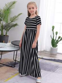 Tween Girls Loose Casual Striped Short Sleeve Dress, Suitable For Leisure Outdoor Vacation - Black and White - View 1