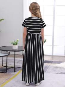 Tween Girls Loose Casual Striped Short Sleeve Dress, Suitable For Leisure Outdoor Vacation - Black and White - View 2