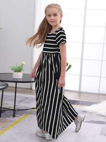 Tween Girls Loose Casual Striped Short Sleeve Dress, Suitable For Leisure Outdoor Vacation - Black and White - View 3