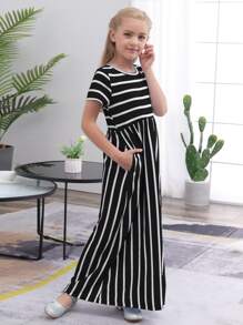 Tween Girls Loose Casual Striped Short Sleeve Dress, Suitable For Leisure Outdoor Vacation - Black and White - View 4