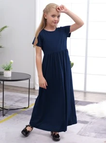 Girls Solid Smock Dress - Navy Blue - View 1