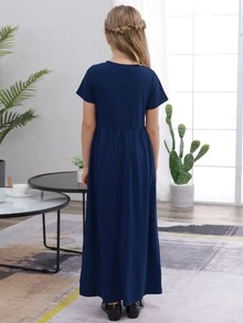 Girls Solid Smock Dress - Navy Blue - View 2