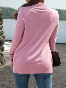 AAmilife Solid Open Front Dual Pocket Cardigan,Long Sleeve Tops - Dusty Pink - View 3