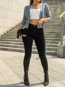 AAmilife 素色開門襟短款開衫 - 灰色 - 查看 6