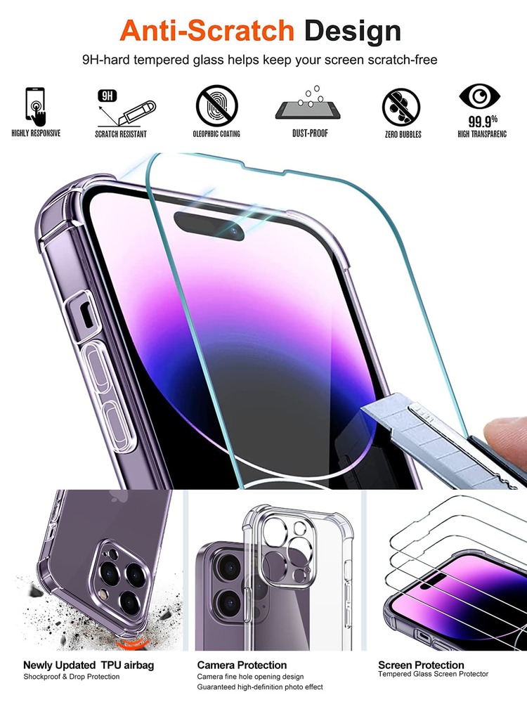 3入組強化玻璃高清手機保護膜和 1入組透明手機殼相容於 iPhone 15/15Pro/15Plus/15Promax - 無色 - 查看 5