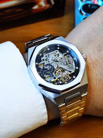 FORSINING 1 pieza Reloj de negocios informal automático mecánico de acero inoxidable con esfera de esqueleto de tourbillón de moda asimétrica, de lujo con cristales de diamante, manecillas luminosas, de marca superior, de regalo para vacaciones