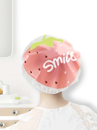 1pc EVA Shower Cap, Cartoon Strawberry & Letter Graphic Thickened Waterproof Shower Cap For Bathroom