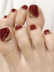 24入組短方形紅色實心閃粉人造腳趾甲+1支指甲銼+1片膠帶，浪漫女性和女孩壓花美甲提供商 - 彩色 - 查看 1