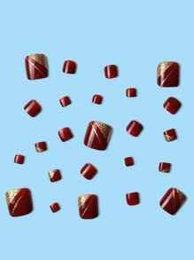 24入組短方形紅色實心閃粉人造腳趾甲+1支指甲銼+1片膠帶，浪漫女性和女孩壓花美甲提供商 - 彩色 - 查看 3