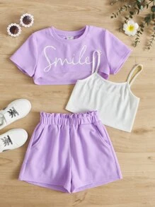 SHEIN 女孩字母圖案吊帶背心和短褲和超短款T恤