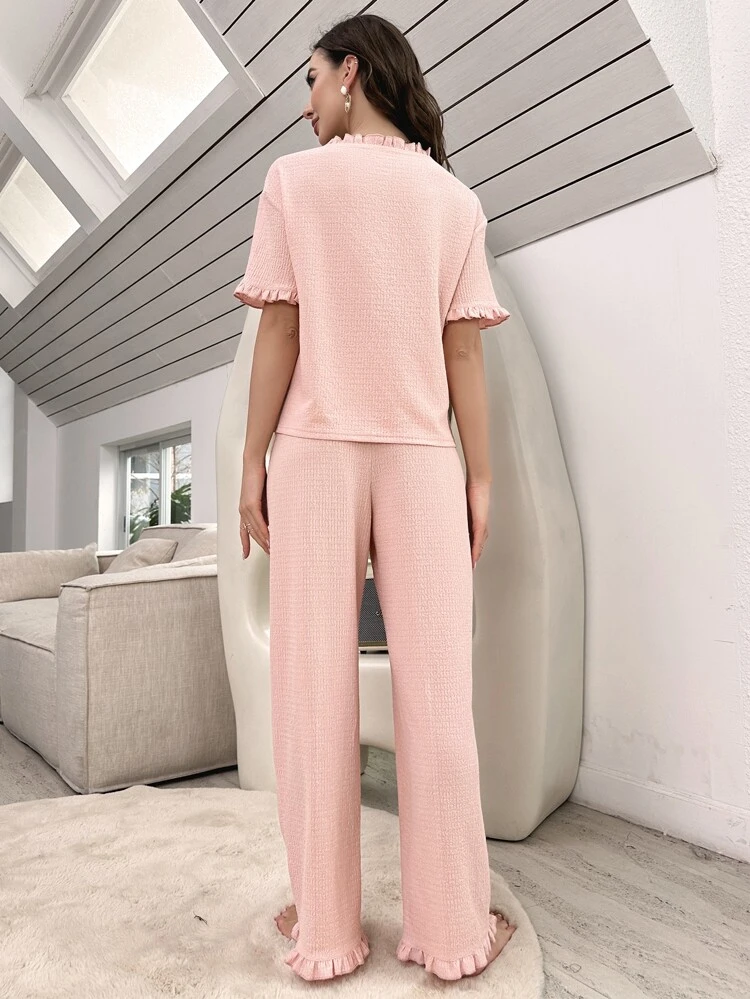 Solid Ruffle Trim Lounge Set