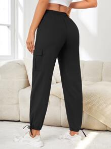 SHEIN Sports Flap Pocket Side Sports Trousers - Black - View 2