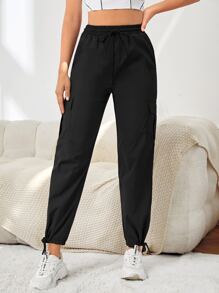 SHEIN Sports Flap Pocket Side Sports Trousers - Black - View 3