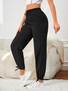 SHEIN Sports Flap Pocket Side Sports Trousers - Black - View 4