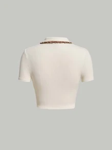 SHEIN MOD 拼接邊短款T恤 - 米色 - 查看 2