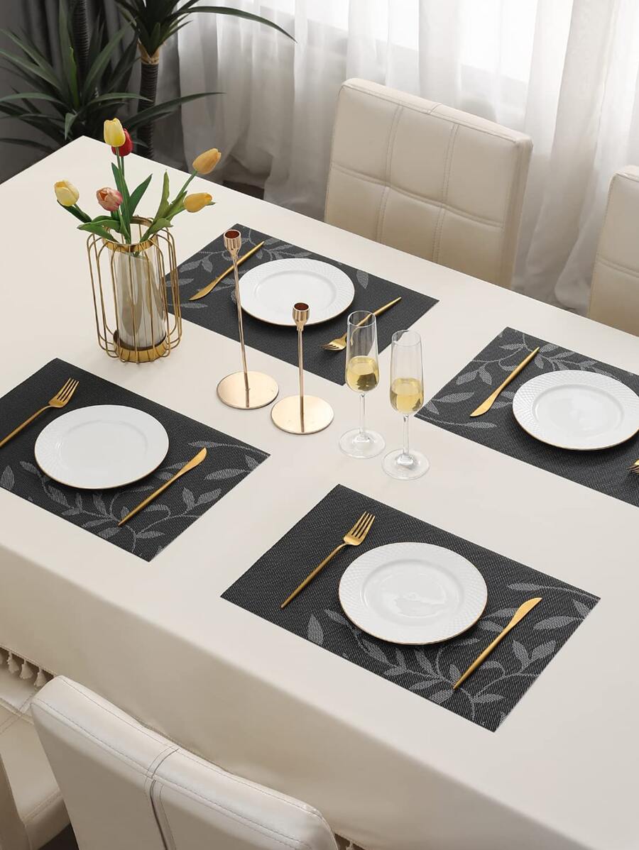 1 PC PVC Placemat, Thảm trải bàn hình chữ nhật họa tiết lá cho bàn ăn - Nhiều màu - Xem 1