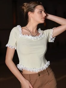 SHEIN Camiseta con encaje en contraste tejido de canalé - Beis - Ver 14