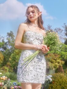 ROMWE 花卉刺繡褶邊吊帶洋裝 - 白色 - 查看 6